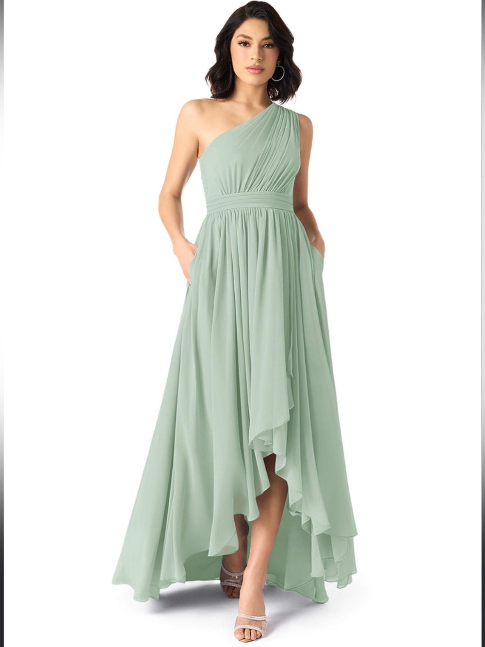 Azazie Mathilda Sage Green one-shoulder asymmetrical formal bridesmaid dress 10